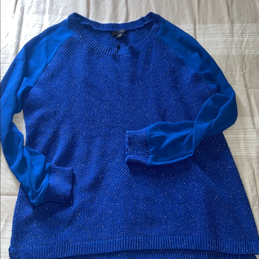 Elegant holiday Royal Blue shimmer with sheer sleeves Crew Neck Sweater